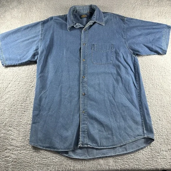 VINTAGE Chambray Shirt Mens XLT Blue Button Up Short Sleeve Sandy River Pocket - Picture 1 of 8